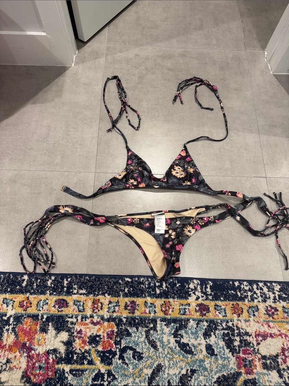 Amuse Society Black Floral Tie-String Bikini with Pink & Cream Accents